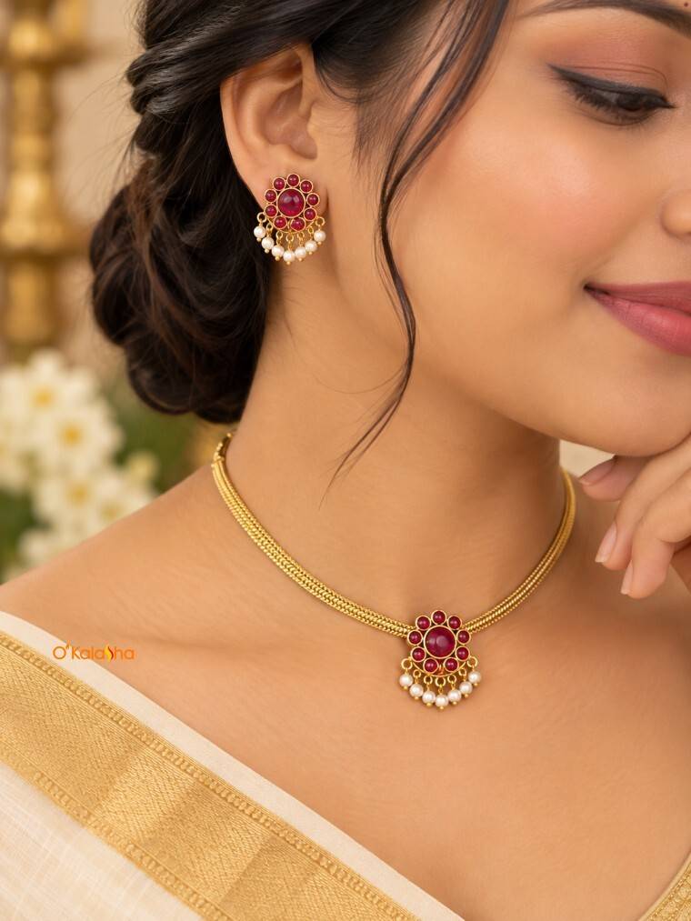 Traditional Gold Plated Ruby Kemp Floral Pendant Chain Set with Earrings